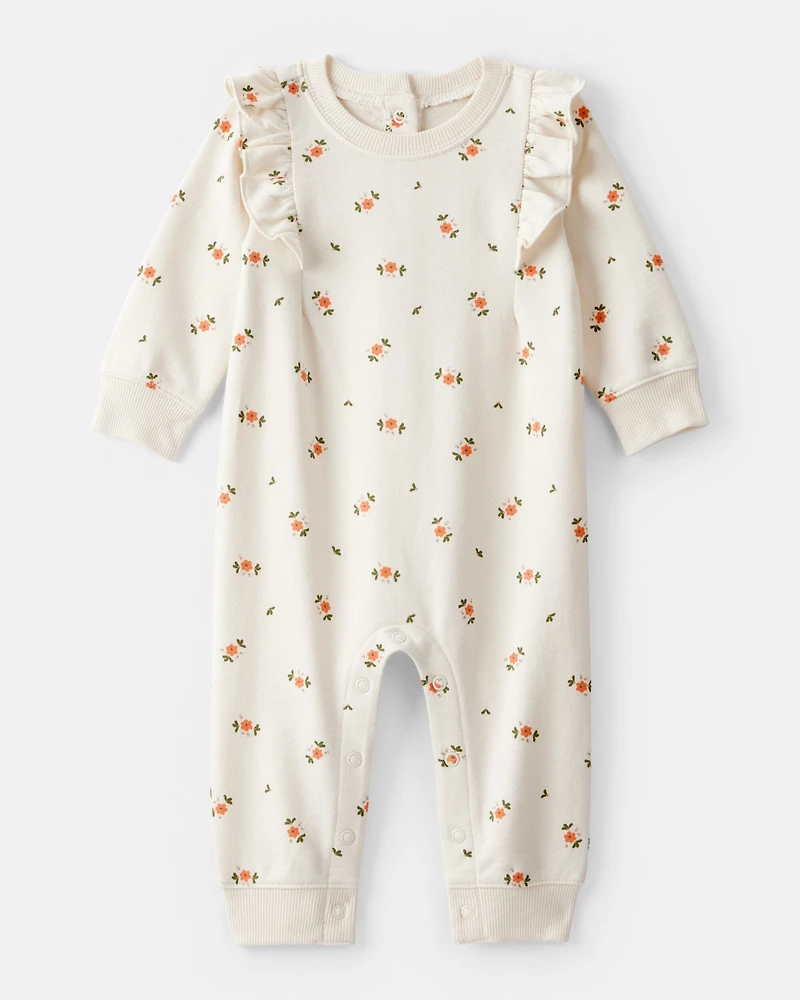 Baby Girl Floral Ruffle Cotton Long-Sleeve Jumpsuit - Cream