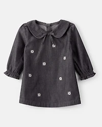 Baby Girl Floral Motif Chambray Long-Sleeve Dress - Grey
