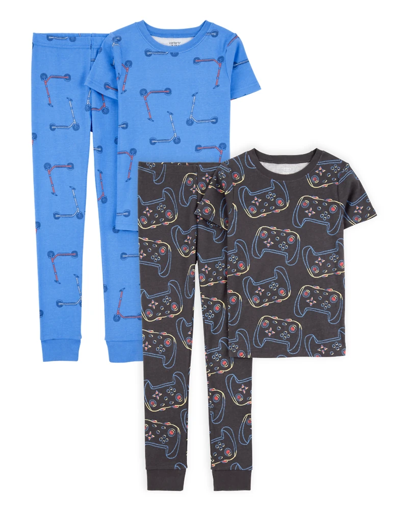 Kid 4-Piece Snug Fit 100% Cotton Pajamas - Blue/Black