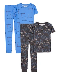 Kid 4-Piece Snug Fit 100% Cotton Pajamas - Blue/Black