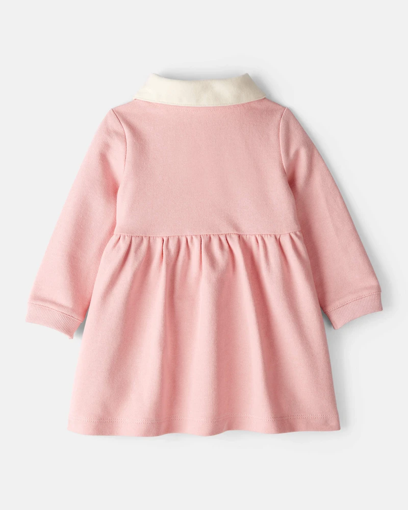 Baby Girl Polo Collared Cotton Dress - Pink