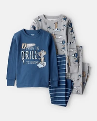 Baby Boy Construction Print 100% Cotton Long-Sleeve Snug Fit 4-Piece Pajamas - Blue/Grey