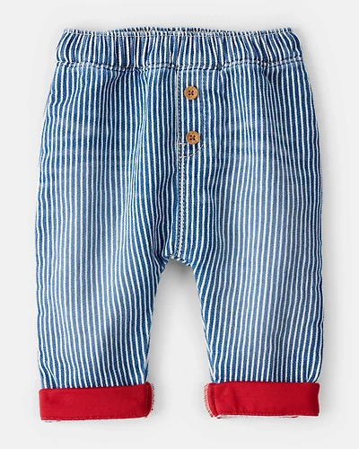 Baby Hickory Stripe Knit-Like Denim Jeans with Bear Pocket - Blue/Ivory