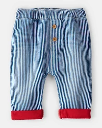 Baby Hickory Stripe Knit-Like Denim Jeans with Bear Pocket - Blue/Ivory