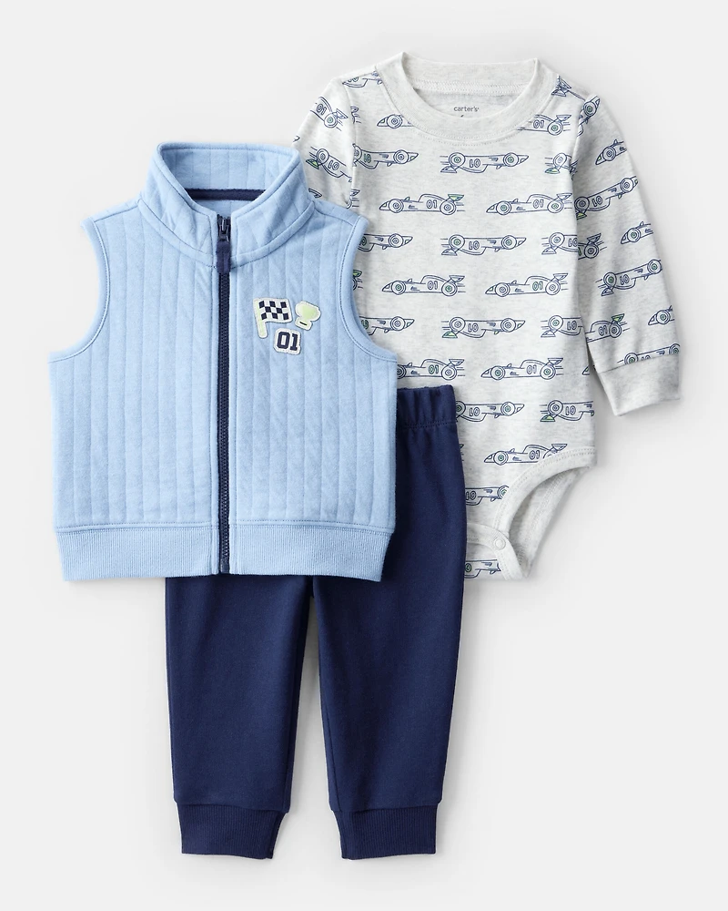 Baby Boy 3-Piece Race Car Quilted Vest Outfit Set - Blue