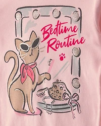 Girls 4-Piece 'Sassy Cat' Leopard 100% Cotton Snug Fit Pajama Set - Pink/Brown