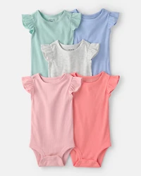 Baby Girl 5-Pack Multipack Ruffle-Sleeve Bodysuits - Pink/Blue/Green