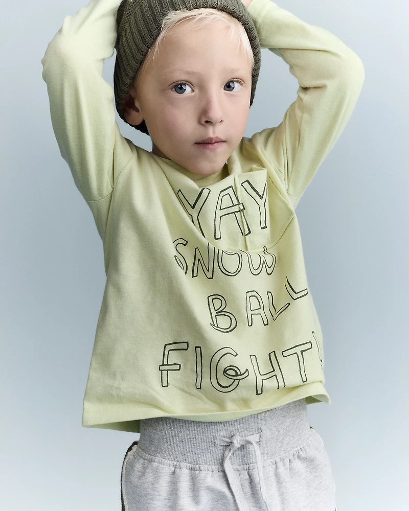 Toddler Snow Ball Fight!' Long-Sleeve Pocket Relaxed Graphic Tee - Lime