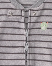Baby Boy Monster Striped Fleece 2-Way Zip Sleep & Play Pajamas - Grey