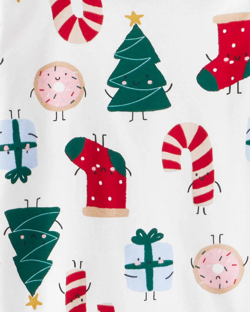 Kid Festive Friends Christmas 100% Cotton Long-Sleeve Snug Fit 2-Piece Pajamas - White