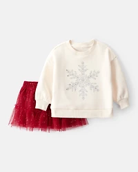 Baby Girl 2-Piece DayDream Fleece Snowflake Print Long-Sleeve Top & Skort Set - Red/Cream