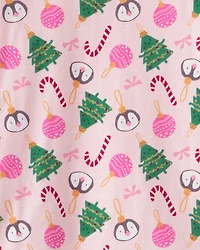 Adult Pink Ornaments 100% Cotton Long-Sleeve Snug Fit 2-Piece Pajamas - Pink
