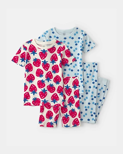 Girls Fruit 100% Cotton 4-Piece Pajama Set - Red/Blue