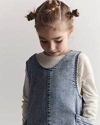 Toddler Girl Otter Pocket Denim Jumper in Avenue Wash - Blue