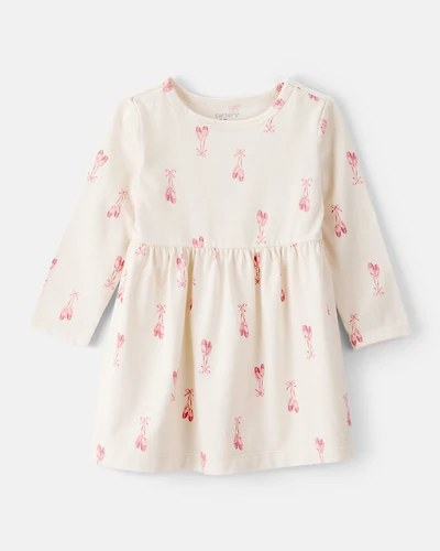 Baby Girl Ballet Slipper Print Long-Sleeve Dress - Ivory