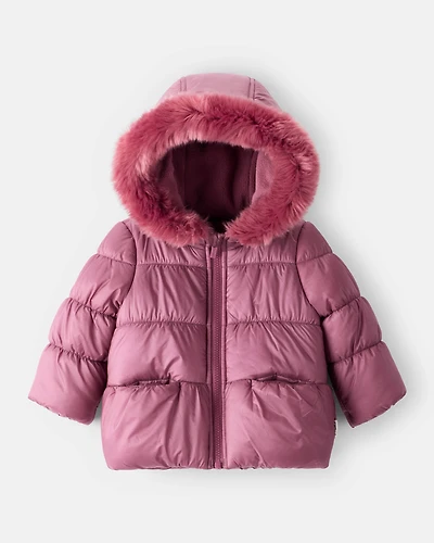 Baby Girl Hooded Puffer Jacket - Burgundy