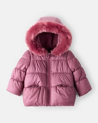 Baby Girl Hooded Puffer Jacket - Burgundy