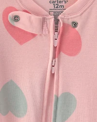 Baby Girl 1-Piece Heart 2-Way Zip 100% Cotton Snug Fit Footed Pajama - Pink