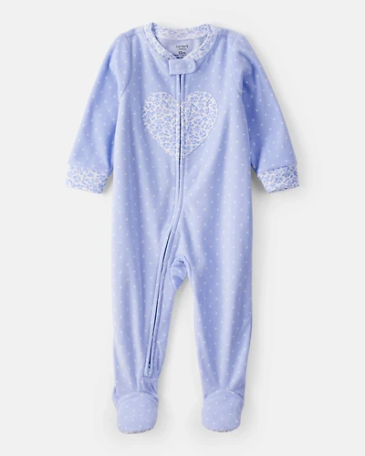 Baby Girl Heart Print Loose Fit Long-Sleeve 2-Way Zip 1-Piece Pajamas - Blue