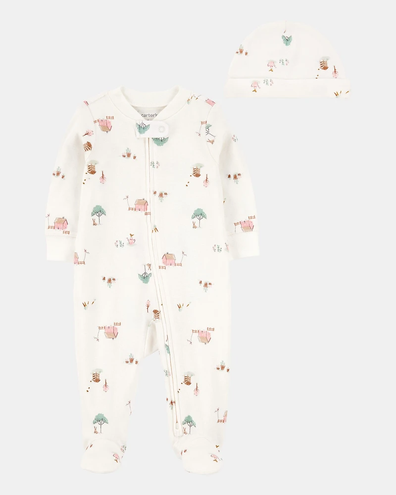Baby 2-Piece Barn Print 2-Way Zip Sleep & Play & Headwrap Set - Ivory