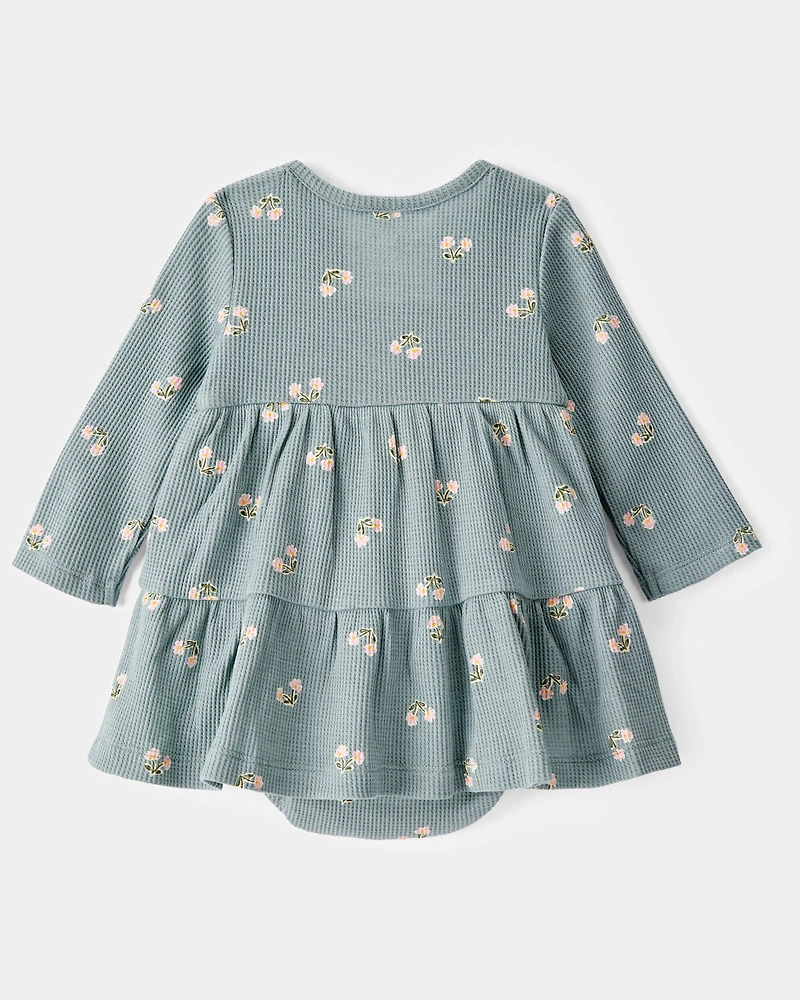Baby Floral Waffle Knit Bodysuit Dress - Green