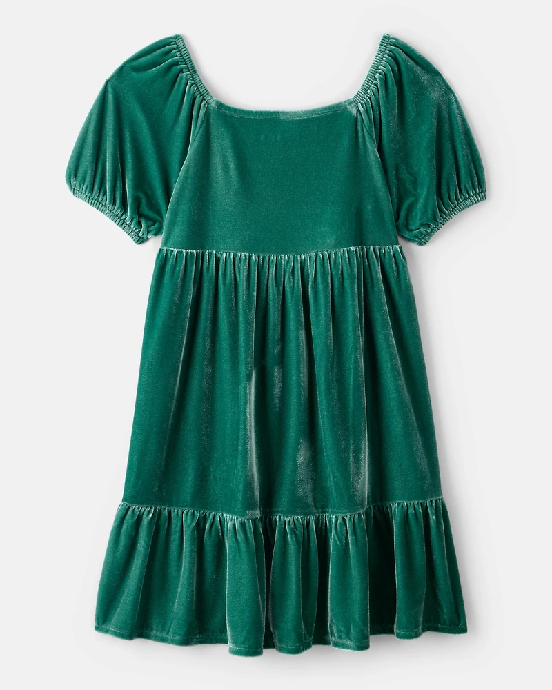 Girls Velvet Short-Sleeve Occasion Dress - Green
