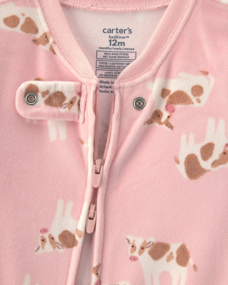 Baby Girl 1-Piece Cow 2-Way Zip DreamPlush Snug Fit Footed Pajama - Pink