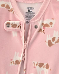 Baby Girl 1-Piece Cow 2-Way Zip DreamPlush Snug Fit Footed Pajama - Pink