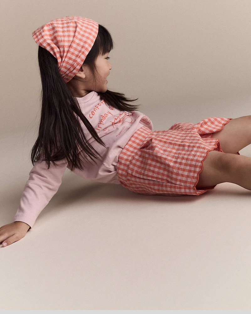 Toddler Girl Gingham Scalloped Short - Orange
