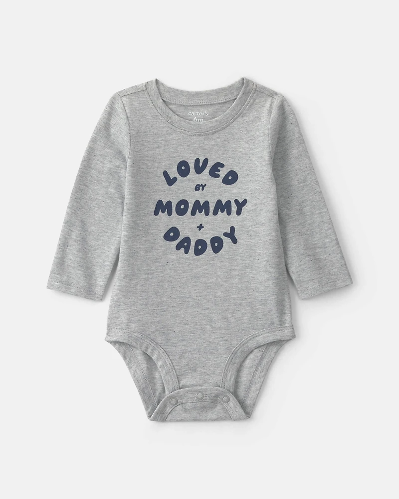 Baby Boy 'Loved By Mommy & Daddy' Long-Sleeve Graphic Bodysuit - Grey