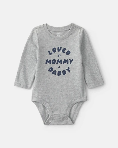Baby Boy 'Loved By Mommy & Daddy' Long-Sleeve Graphic Bodysuit - Grey