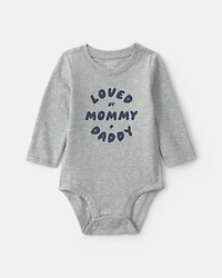 Baby Boy 'Loved By Mommy & Daddy' Long-Sleeve Graphic Bodysuit - Grey