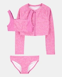 Kid 3-Piece Geometric Rashguard Swimsuit Set - Pink