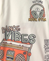 Boys 'Dance Vibes' 100% Cotton 4-Piece Pajama Set - Ivory/Orange