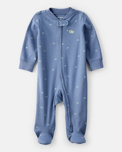Baby Boy Dino Print 100% Cotton Long-Sleeve Sleep & Play Pajamas - Blue