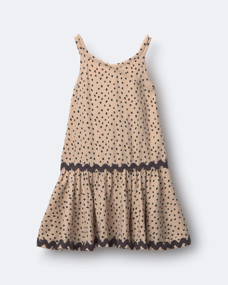 Toddler Girl Ric-Rac Drop-Waist Peplum Dress in Dot Print - Khaki