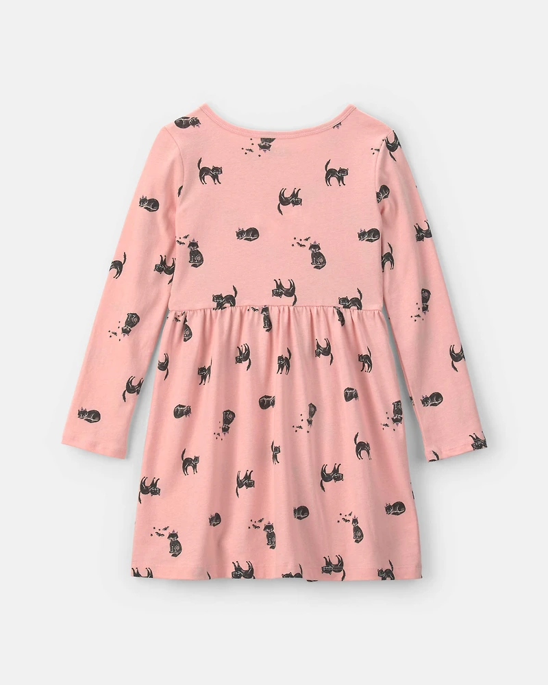 Girls Halloween Cat Long-Sleeve Dress - Pink