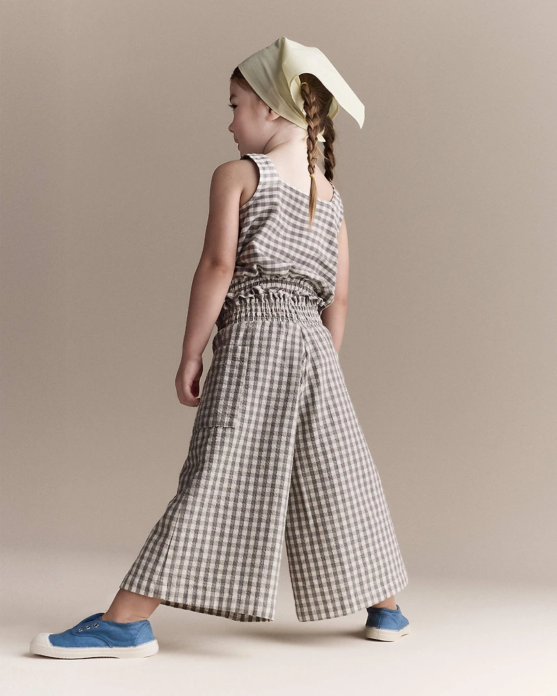 Toddler Girl Gingham Smocked Wide Leg Pant - Cream/Grey