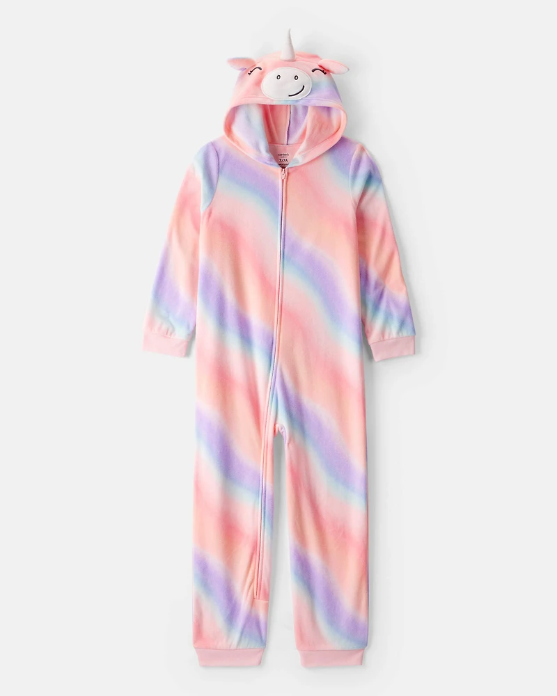Girls Unicorn Fleece Hooded Zip-Up 1-Piece Pajama Jumpsuit - Pink