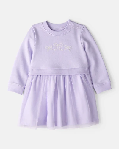Baby Girl Bow Print Tulle Cotton Dress - Purple