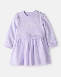 Baby Girl Bow Print Tulle Cotton Dress - Purple