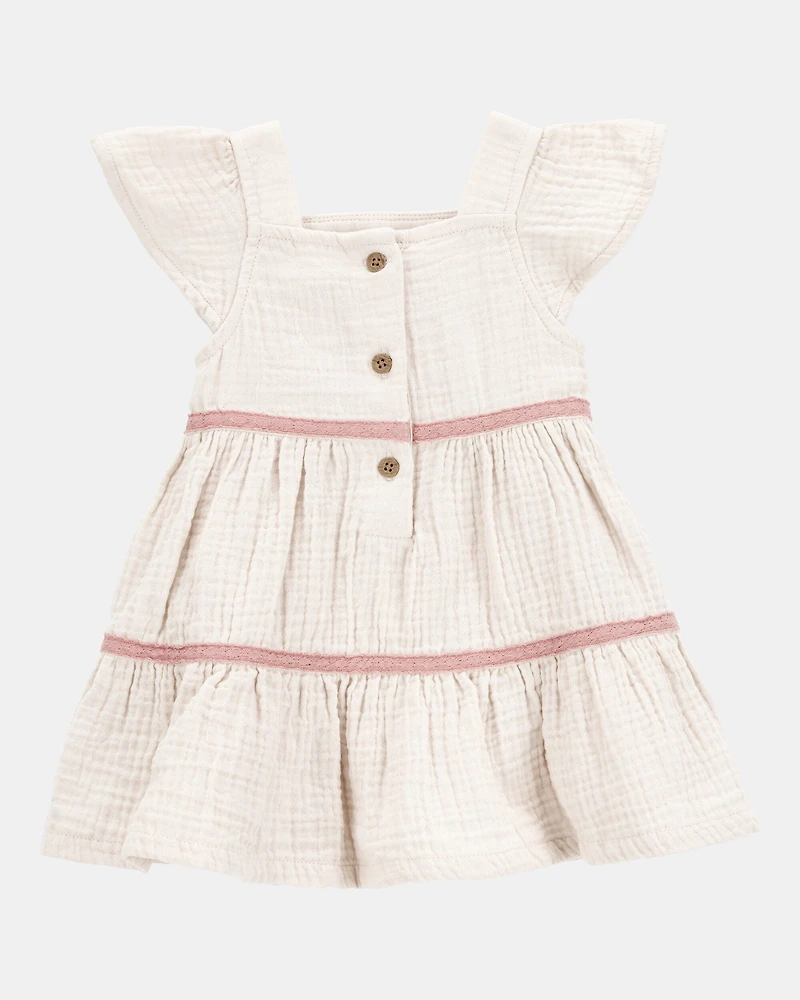 Baby Girl Striped Tiered Dress - White/Pink