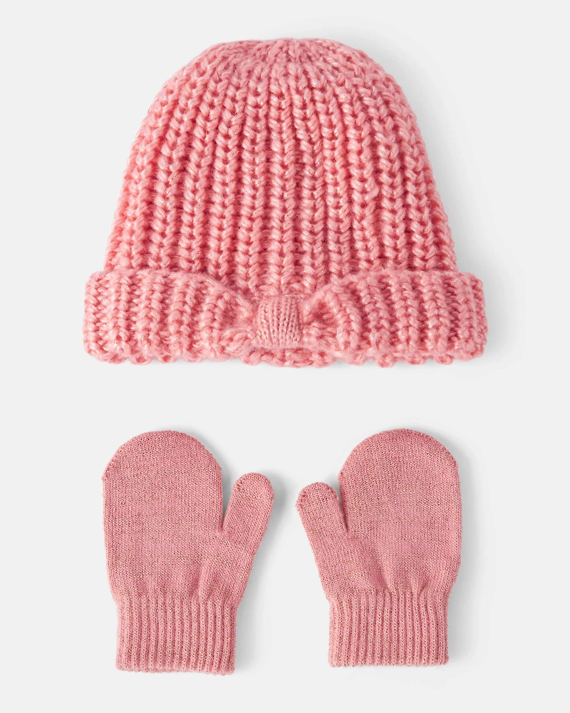 Baby Girl 2-Piece Shimmer Winter Hat & Mittens - Pink