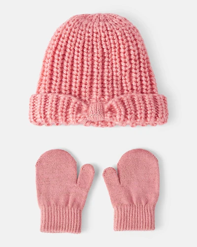 Baby Girl 2-Piece  Shimmer Winter Hat & Mittens - Pink
