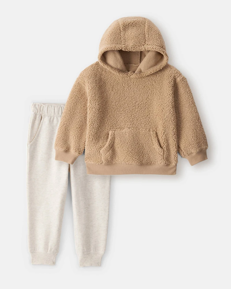 Toddler Boy 2-Piece Sherpa Hoodie & Joggers Set - Brown/Cream