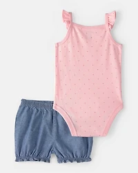 Baby Girl 3-Piece Chambray Outfit Set - Blue/Pink