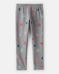 Kid Snowflake Cozy Fleece Pull-On Stretch Leggings - Grey