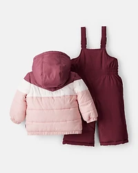 Baby Girl 2-Piece Color Block Hooded Snowsuit Jacket & Bib Set - Pink/Red