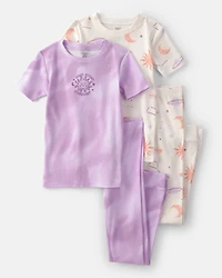 Girls Space Constellation Tie-Dye 100% Cotton Snug Fit 4-Piece Pajama Set - Purple