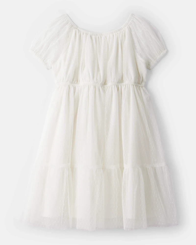 Girls Short-Sleeve Tulle Dress - White